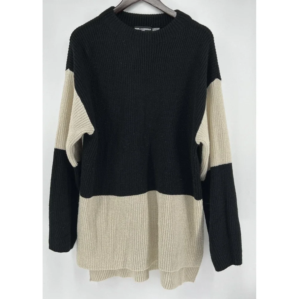 Karl‎ Lagerfeld Sweater Black Ivory Metallic Colorblock Hi-Lo Knit  Size XL